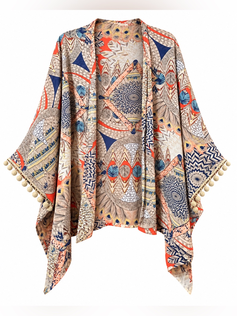 Umgee Boho Peacock Feather Tribal Open Front Kimono Cardigan M/L